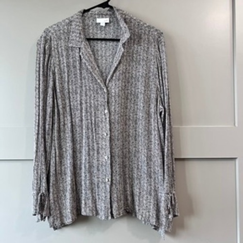 J. Jill Herringbone Blouse Womens Large Black White Tie Cuff Button Up Geometric
